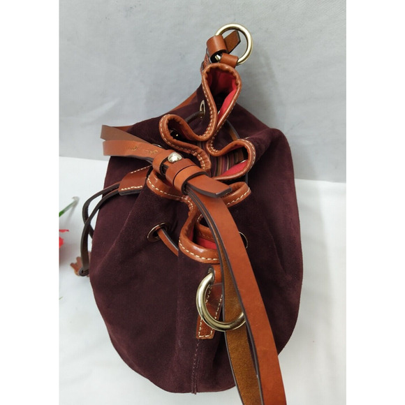 Dooney & Bourke Burgundy Suede Leather Drawstring Bucket Shoulder Bag - Picture 8 of 16